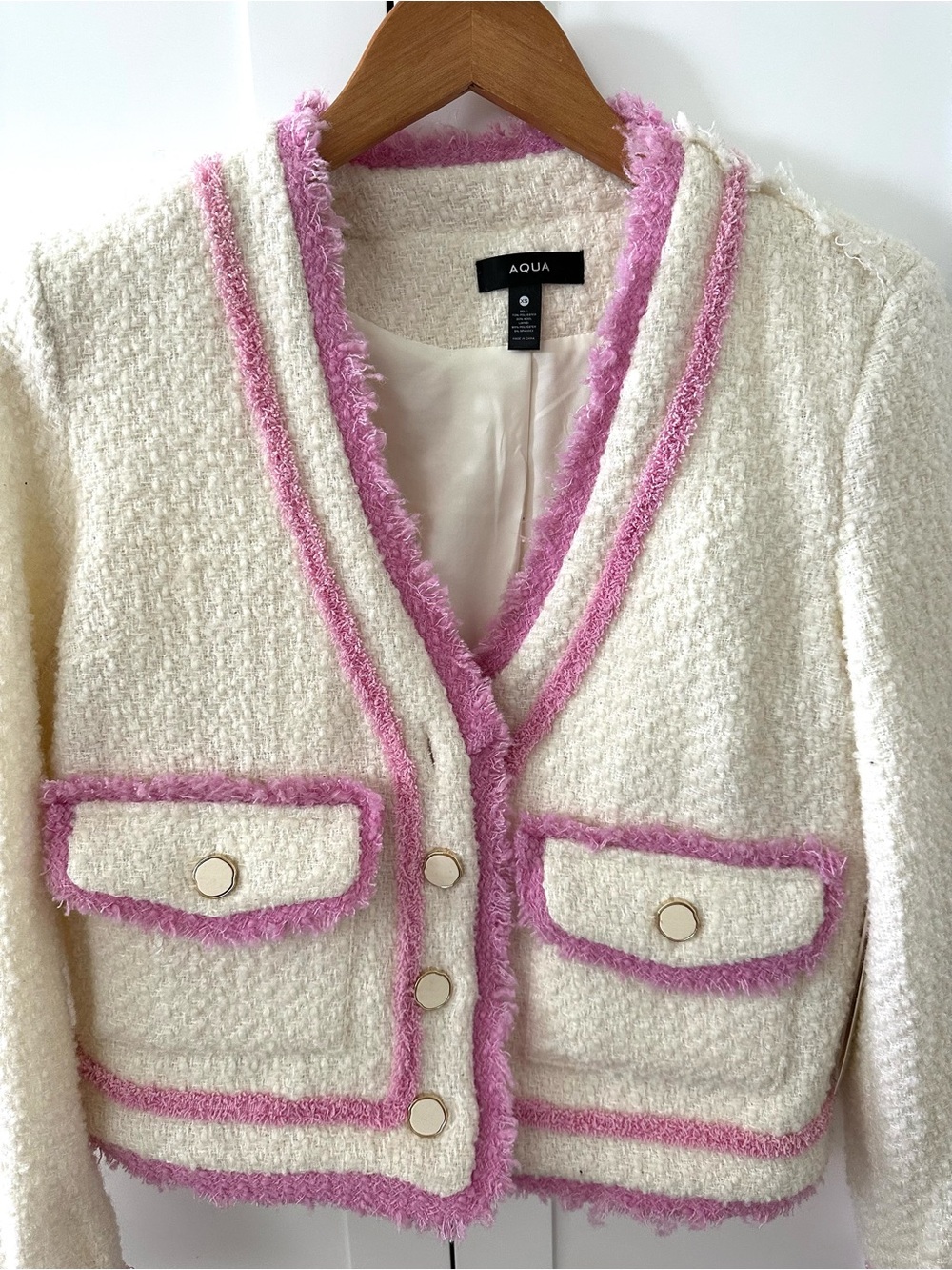 NWT Aqua Cream Bouclé Cropped Jacket with Pink Trim